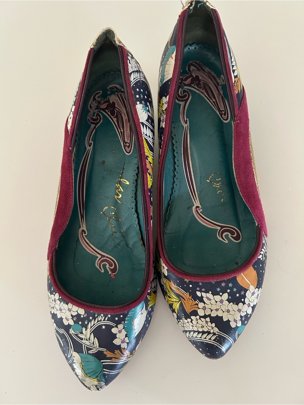 Irregular Choice Navy Floral Flats with Teal Interior and Burgundy Trim